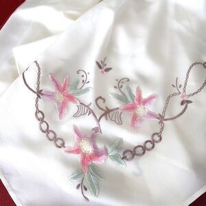 White Silk Crepe 46" Floral Embroidered Scarf new